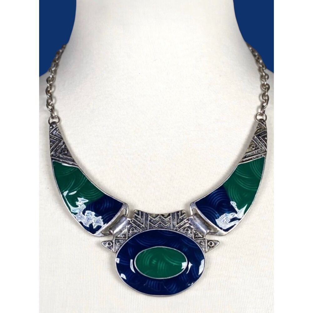 Tribal Statement Necklace Blue Green Enamel Linked Metal Panels Silver Tone Bib
